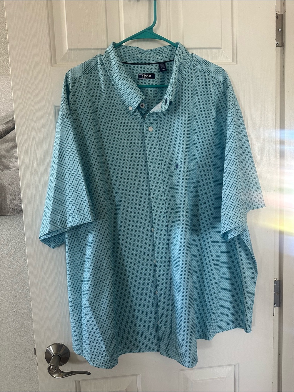 IZOD Mens 3XB Big Aqua Blue Geometric Print Short Sleeve Button Down Shirt
